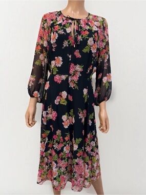Tommy Hilfiger Black Floral Tie-Neck Midi Dress Size 12 Romantic